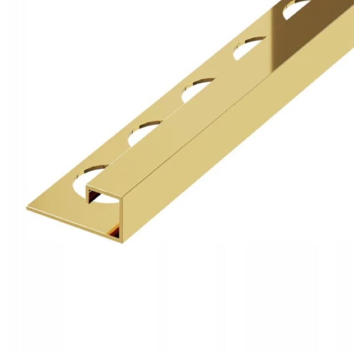Profil metalic auriu lucios, colt exterior cu opritor, 2700 mm x 8 mm x 8 mm grosime 0, 6 mm, otel inox, pentru gresie, faianta, parchet, riflaje, panouri decorative