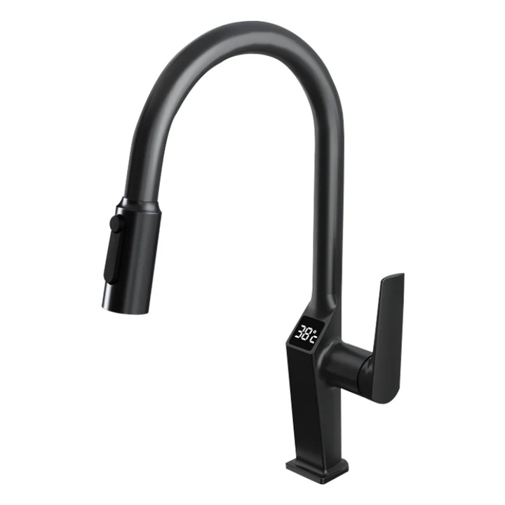 Baterie Chiuveta Bucatarie cu 3 cai, pentru Apa Filtrata, Dus Retractabil, Ecran LCD, Accesorii Incluse, Negru