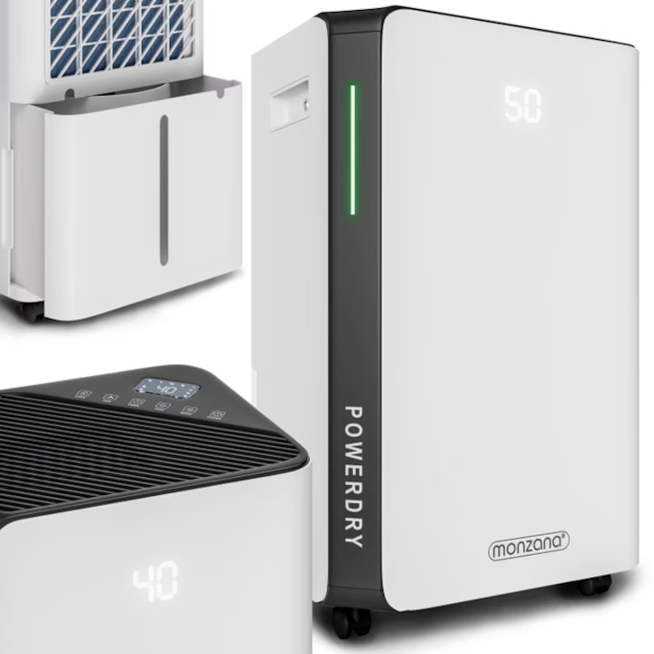 Влагоабсорбатор, Monzana, Преносим, 20 л/ден, 330 W, LED дисплей, WIFI, за помещения с площ от приблизително... 20-30 м², Височина: 2,6 м, таймер, 4 режима на обезвлажняване, сушене на пране, защитен капак, Бял