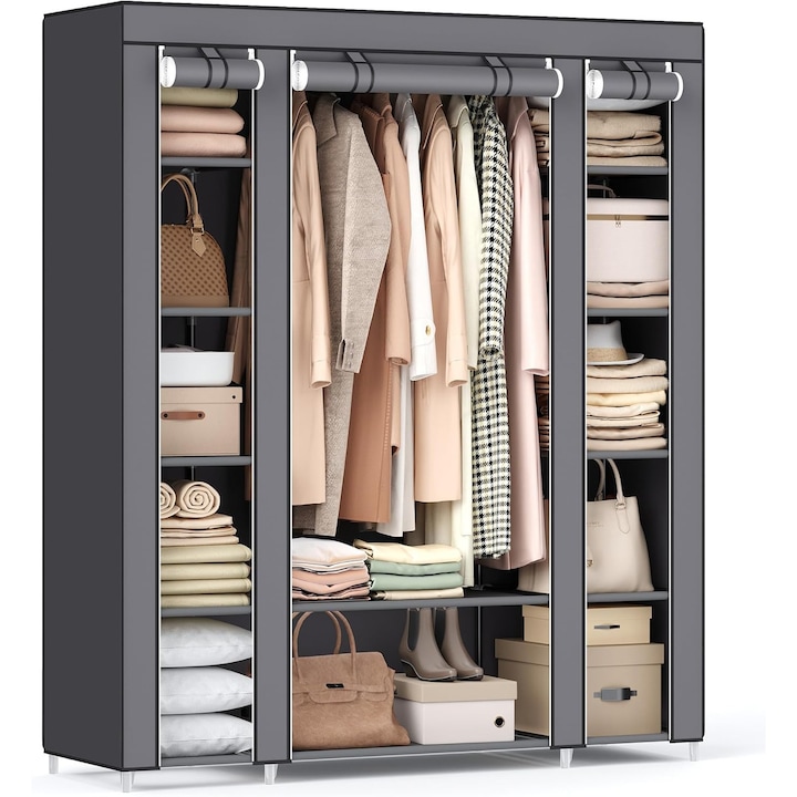 Dulap textil, 150x45x175 cm cu 12 rafturi si bara haine, organizator haine si incaltaminte, cadru metalic, usor de asamblat, gri