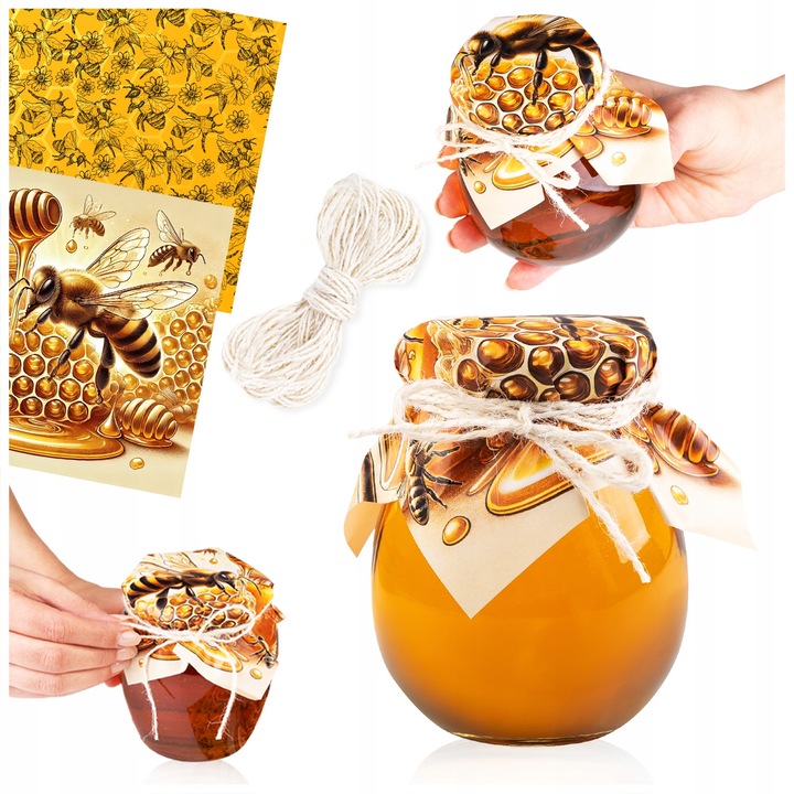 Set De Capace Pentru Borcane Si Snururi Din Iuta, Superbutelki, Motiv Inspirat Din Natura Si Apicultura, Stil Natural, Rustic, Usor Ajustabil La Diferite Dimensiuni Ale Borcanelor, Reutilizabil, 135 Mm x 135 Mm x 30 Mm, 50 Bucati