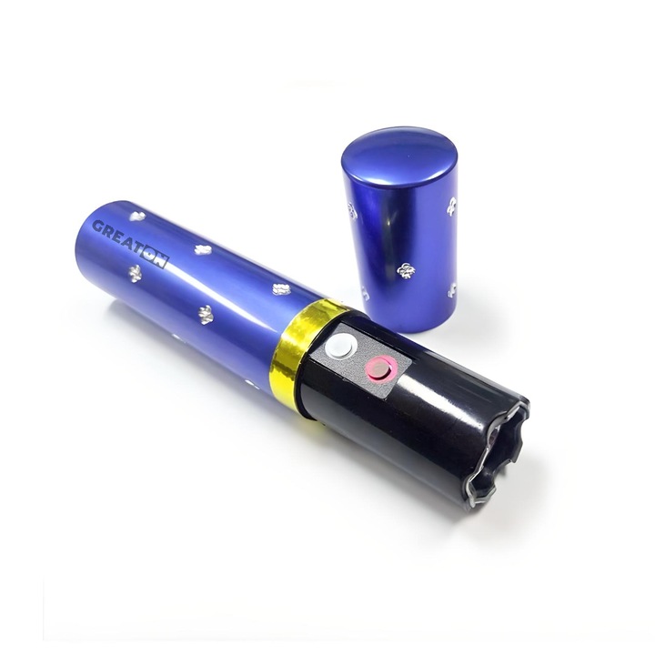Dispozitiv Electrosoc de Buzunar GREATON Tip Ruj, Pentru Autoaparare, Anti-Animal, Cu Lanterna Si Incarcare USB Albastru, 5000K Volti