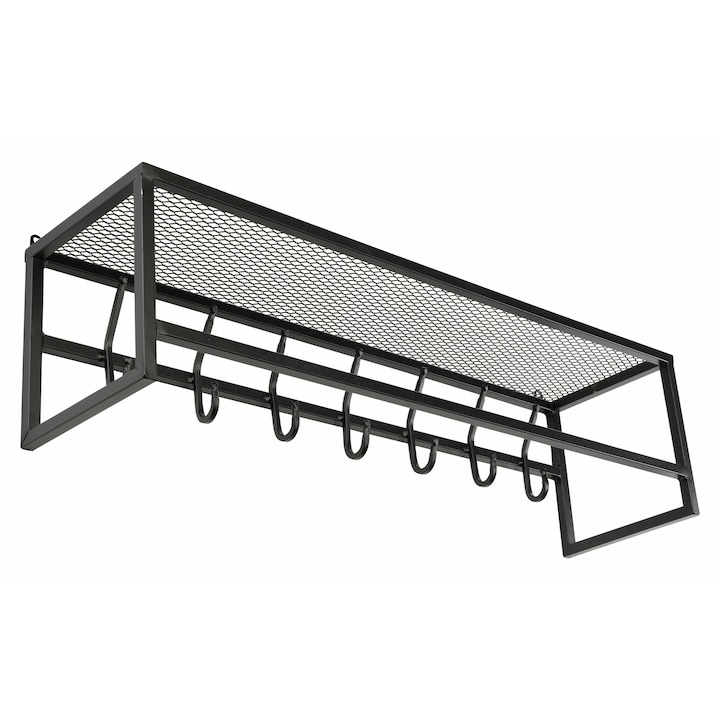 Cuier de perete cu raft, Dąstal, Metal, Ideal pentru hol si dormitor, Facut manual, Stil loft, Raft pentru depozitarea maruntisurilor, 23 x 80 x 21 cm, Negru