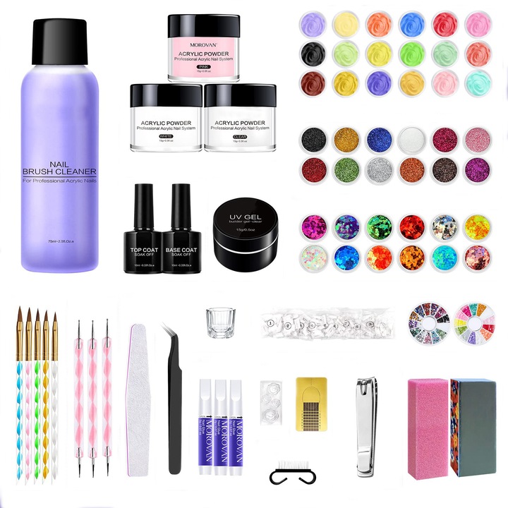 Set pentru unghii acrilice 42 in 1 OVERTANG, 42 culori pudra acrilica, glitter, tips, adeziv, pentru incepatori
