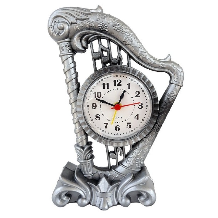 Decoratiune ceas de masa in forma de harpa, Alb, 12x19 cm Velve