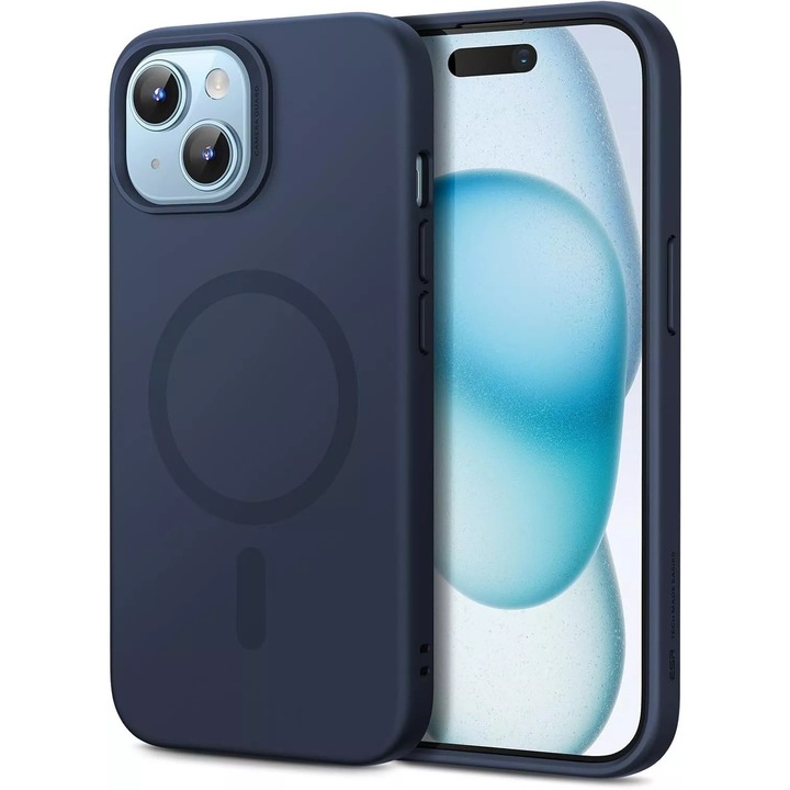 Husa de protectie pentru iPhone 16, compatibila cu incarcare MagSafe, SIlicon Catifelat Cu Interior Microfibra, Joyshell, Bleumarin