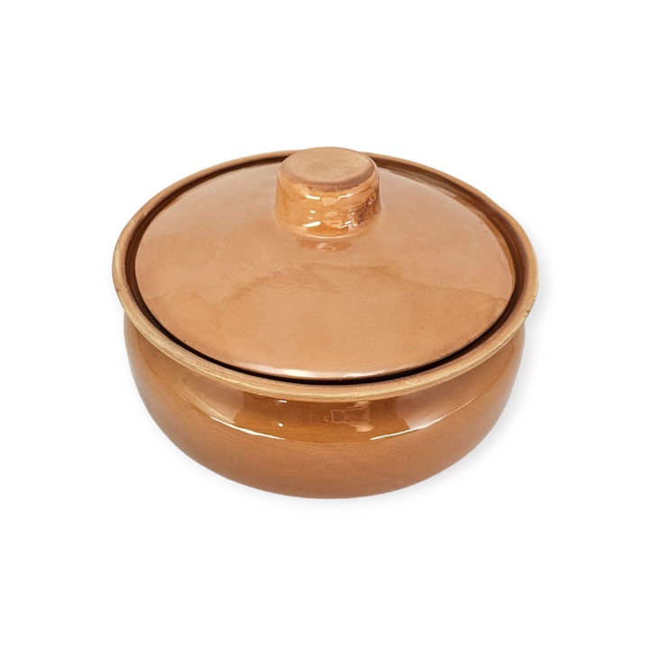 Vas termorezistent ceramica de Horezu, 1 litru, cu capac, natur