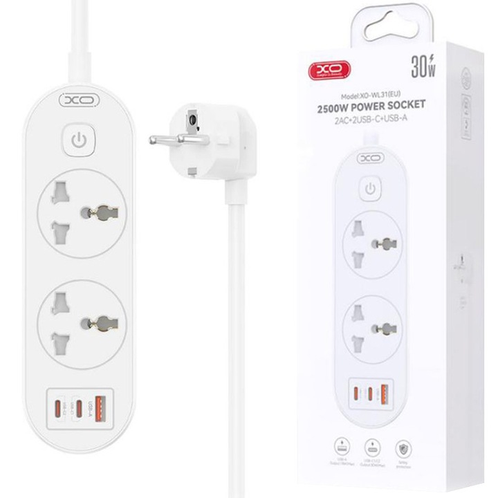 XO-WL31 Удължител, за ЕС, 3 гнезда, 2 Type-C и USB порта, 2500W, 1.5M кабел, бял