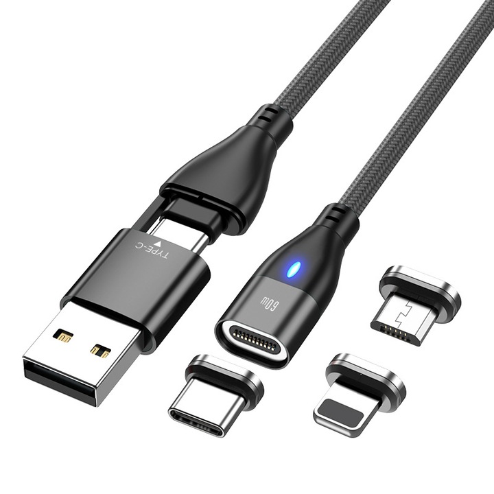 Cablu de date si incarcare rapida, magnetic, 6 in 1, de la Type C sau USB la Type C, Lightning sau Micro-USB, 1.8 m, 100 W, negru