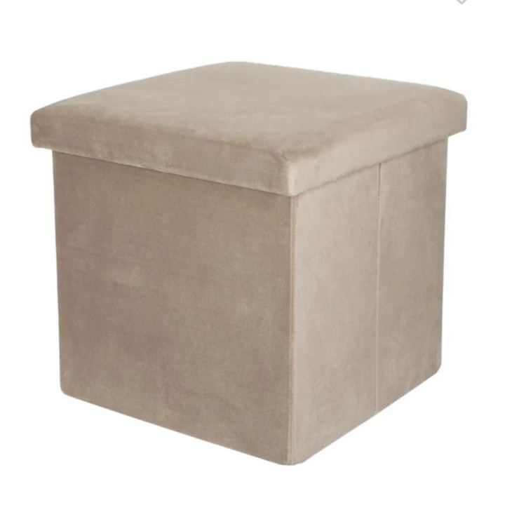 Taburet cu spatiu de depozitare, pliabil, cu capac, catifea, bej, 38x38x38cm