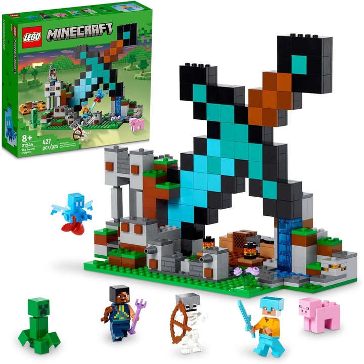 Építőkészlet, Minecraft The Sword Outpost, 21244 Építőjátékok, Creeper, Harcos, Malac és Csontváz figurákkal, 8 éves kortól