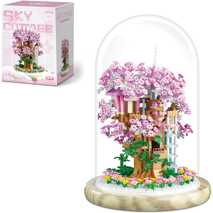 Cseresznyevirág bonsai faház építőkészlet felnőtteknek, 1382 darabos. Sakura mikrorészecskés építőkockák, fényfüzérrel, porvédővel és fa talppal kiegészítve