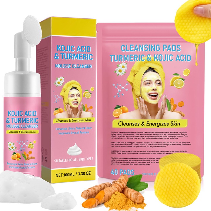 Tisztító szett, 40 kurkuma-trikarbonátos tisztító párna, kurkuma tisztító hab 100ml, gyengéd tisztítás, frissítő olajkontroll