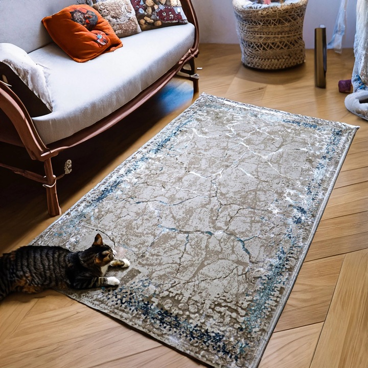 Covor Marbella Essence, Living/Dormitor, Albastru, Crem, Bej, Incalzire in pardoseala, Fir Scurt 8 mm, Dimensiuni 125x200 cm, 1750 g/m², BravaCasa