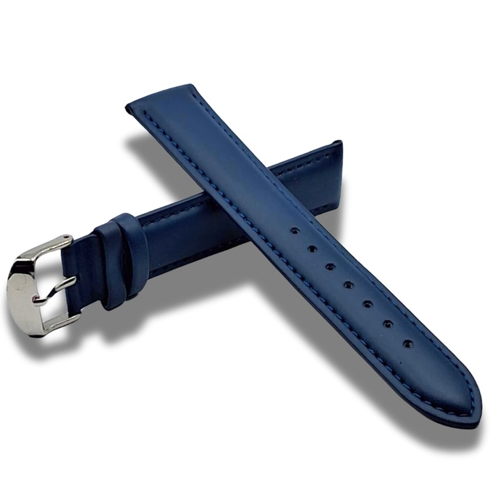 Curea Ceas Piele Albastra Masura 18 mm Catarama Clasica Argintie