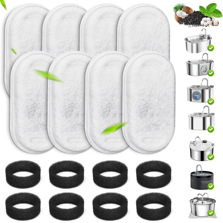 Set de 8 filtre de rezerva pentru fantani de baut, dozatoare de apa pentru caini si pisici, Axroad Mall, Tripla filtrare, Purificare, Absoarbe mirosurile si inmoaie apa, Elimina eficient impuritatile si firele de par, Carbon activ, 7.6*4.3cm, Alb