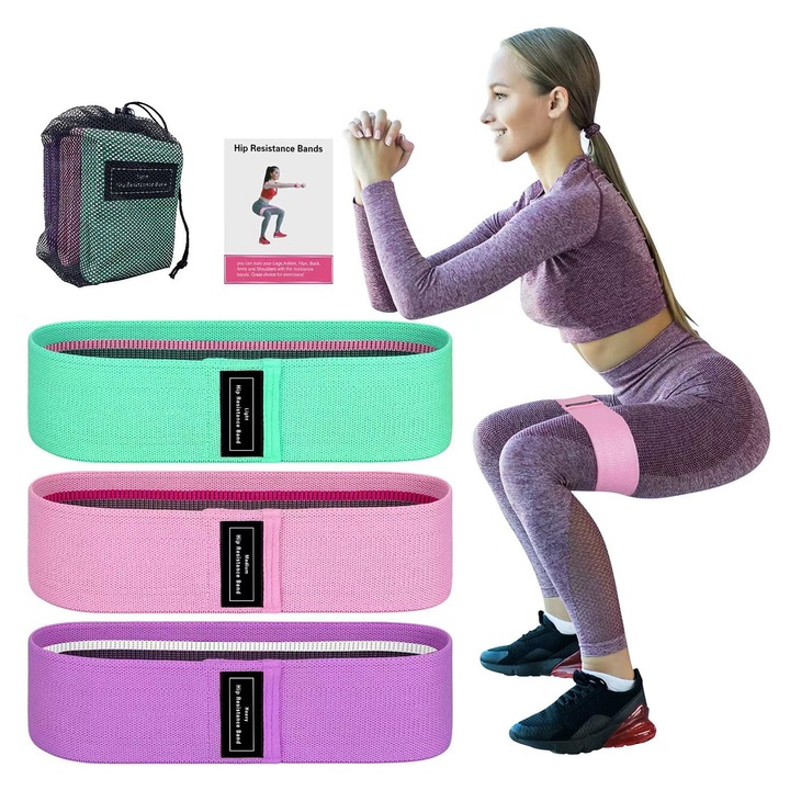 Set 3 banda de rezistenta, Axroad Mall, Benzi elastice fitness, Cu instructiuni de antrenament si saculet de depozitare, 3 niveluri de dificultate, Pentru antrenament sala, yoga, pilates, Textil/ Latex natural, 76x8 cm, Multicolor