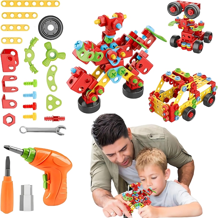 Bukino® építőkészlet, 3D STEM kirakó, 404 oktató darab 6-9 éves gyermekek számára, fejleszti a motoros és kognitív készségeket, élénk színek, többszínű