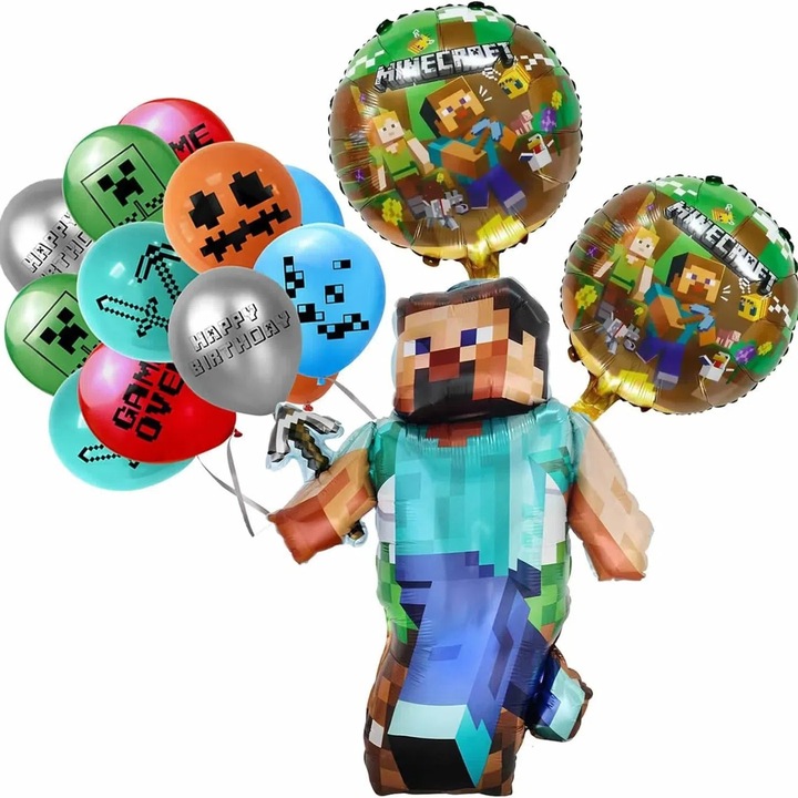 15 darabos Minecraft fólia és latex lufi készlet, parti témák, többszínű