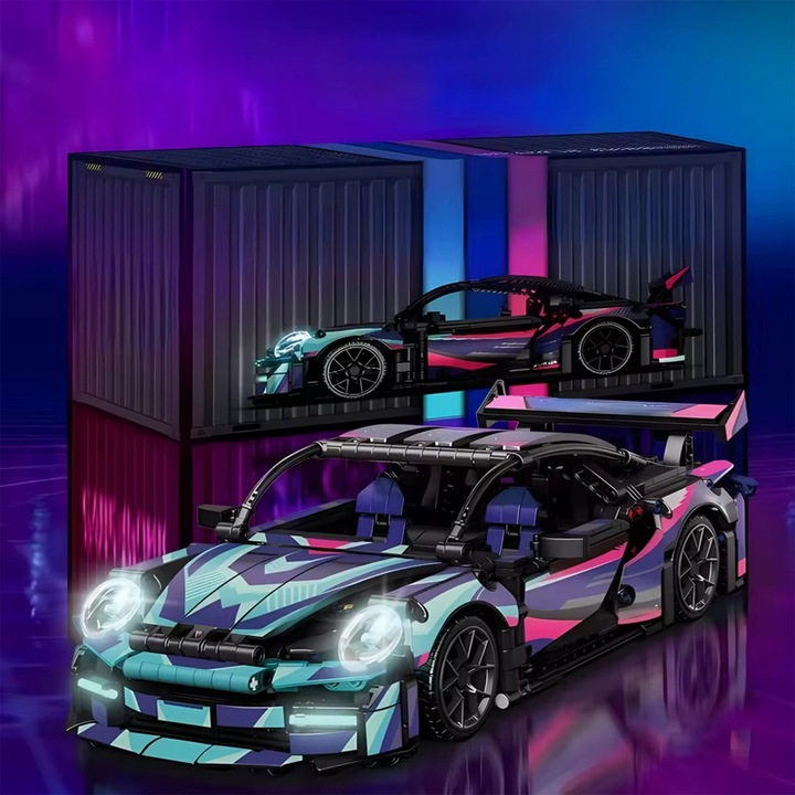 Porsche 911 Cyberpunk játék sportautó, 1116 darabos, távirányítós, működő elektromos MOTOR és FÉNYSZÓRÓK, LED NEON fények, LEGO kompatibilis, többszínű neon dizájn, valósághű részletek, gyerekeknek és felnőtteknek, STEM, Montessori
