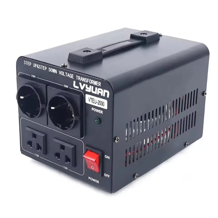 Преобразувател на напрежение 2000W, 110V/230V, 2 стандартни изхода за САЩ и ЕС, 20x15x14см