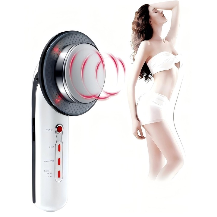 Aparat de masaj multifunctional 3 in 1 pentru slabire a fetei, EMS/Infrarosu/Ultrasunete, Slabeste si slabeste, 5 moduri, Ergonomice, Orber, Inox, Alb