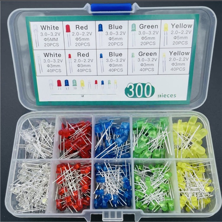 OEM 300 darabos LED készlet, 5 színű, 3 mm és 5 mm, tárolódobozzal elektronikai rajongóknak