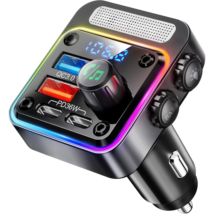 Bluetooth 5.3 FM modulátor, FM adó autós töltő funkcióval, gyorstöltés, 4 töltőport, mikrofon, digitális kijelző, RGB fények, fekete