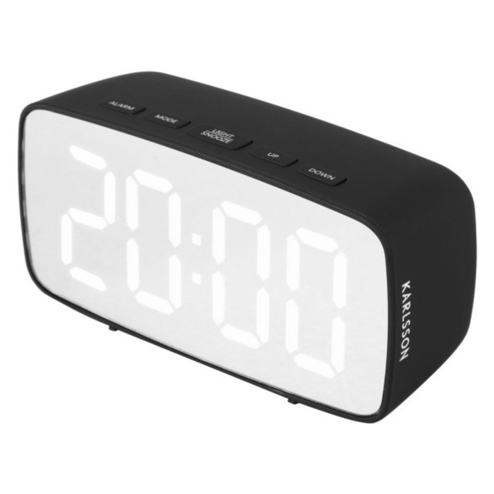 Ceas decorativ Karlsson, budzik oval LED cu functie de oglinda, negru, 12,1x4,6x6cm, alimentare USB inclusa