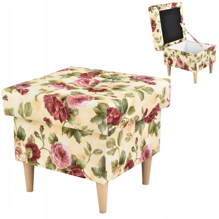 Zsámoly, Ari Modell, Family Meble, Lábtartó Rekesszel, 50x50x45 cm, Bársony/Szarvasbőr/Fa, Bézs/Rózsaszín