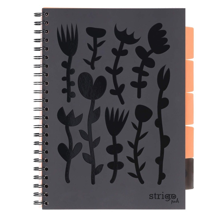 Caiet cu spirala, STRIGO PADS Project Book Floral, 200 pag., negru, A4, hartie 80gr FSC
