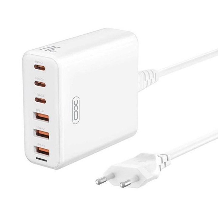 Statie de Incarcare, XO-L133, 3 x USB + 3 x Type-C, Multiport, 75W, Cablu 1.5m, Alb