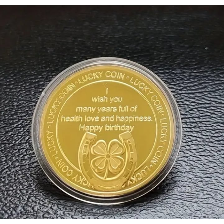 Moneda Cadou “Happy Birthday” - Lucky Coin, Simbol Norocos, Aniversare Speciala 4x4 cm moneda norocoasa, amuleta norocoasa
