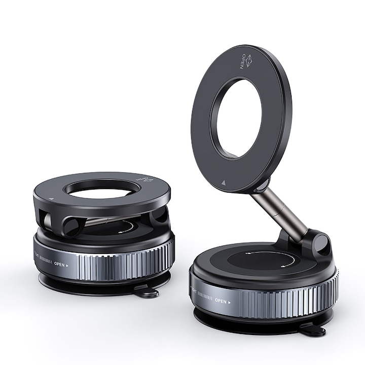 Suport telefon auto magnetic, pliabil, prindere bord/parbriz/sticla neteda/desktop/faianta/lemn, ajustabil, anticoroziune, negru, universal, rotatie completa, fixare sigura