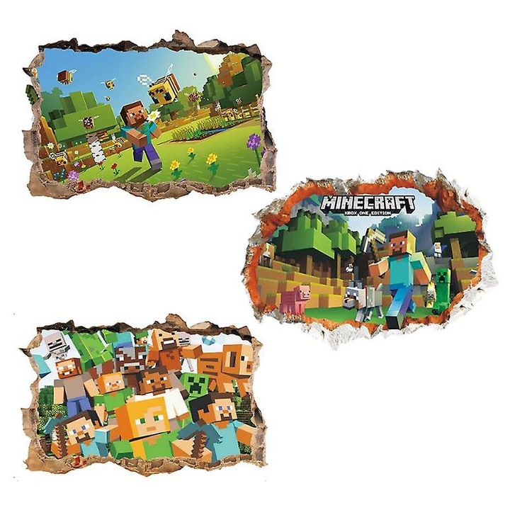 Set 3 Stickere 3D Minecraft pentru Perete, Detasabil, Decorare Fereastra, Vinil