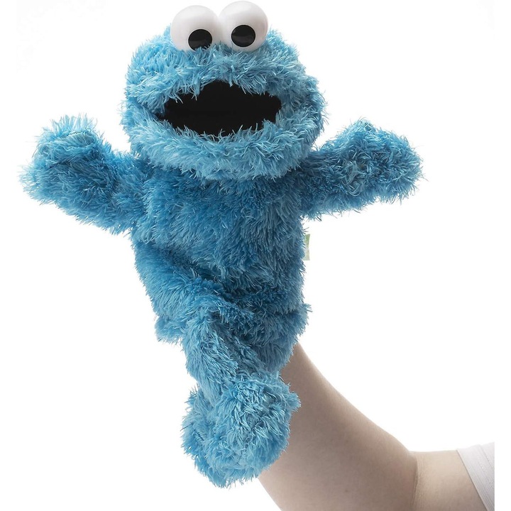 Papusa de mana Cookie Monster, 30x30cm, material moale, albastra, pentru copii de 12 ani+