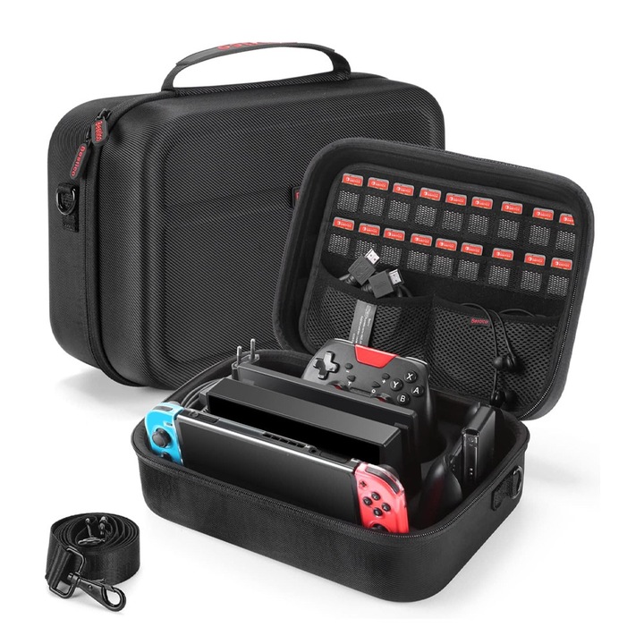 Nintendo Switch tok BESTICO *16040-26, Switch/Switch OLED konzolhoz, Nagyobb hely a Switch konzolnak, dokkolónak, Pro kontrollernek és 18 játékkártyának, EVA Oxford anyagból, 31,7 x 11,4 cm, Fekete