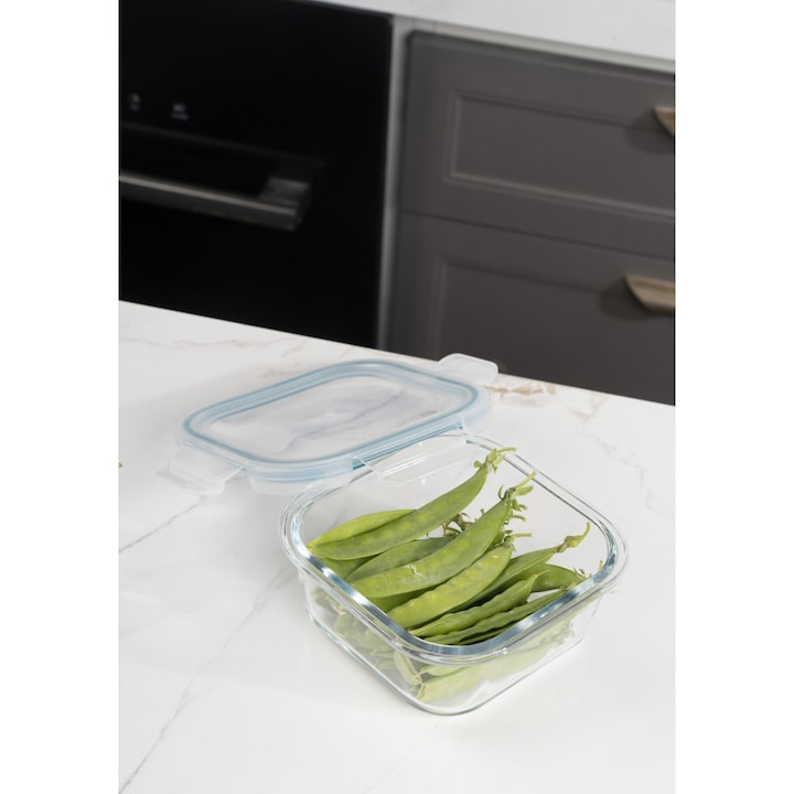 Recipient patrat din sticla rezistent la caldura TOO KT-85 pentru alimente cu capac din plastic atasabil, 320 ml