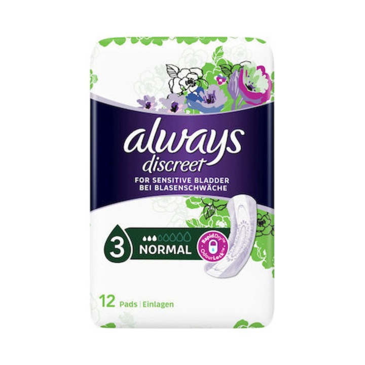 Tampoane Always Discreet pentru vezica sensibila, set 12 bucati, protectie discreta, absorbtie normala