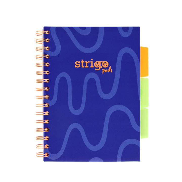 Caiet cu spirala si separatoare, STRIGO PADS, Project Book, A5 matematica, 3 separatoare, neon bleumarin
