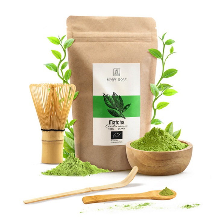 Matcha Bio Tea Por, Mary Rose, Japán, Zöld Tea, Tradicionális Készlet, Chasen, Chashaku, 100g