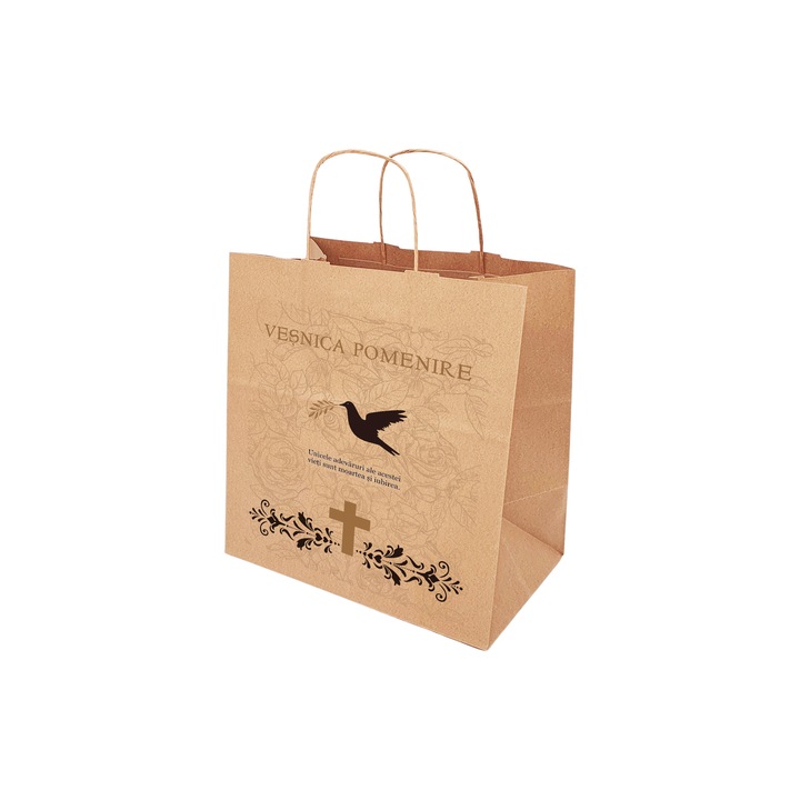 Set 10 bucati Pungi Hartie pentru parastase, comemorari, inmormantari Vesnica Pomenire, 28 x 29 x 17cm, kraft Natur, Model 6