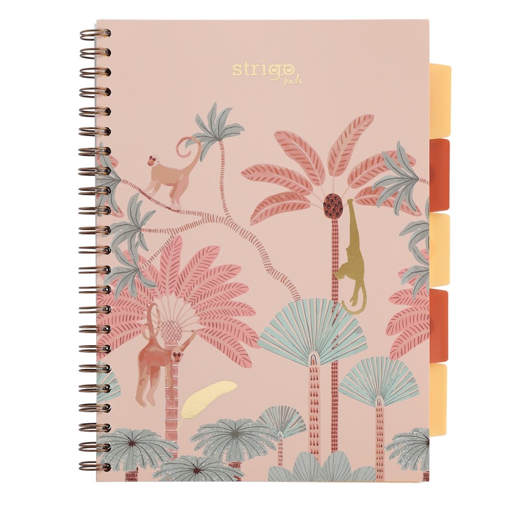 Caiet cu spirala si separatoare, STRIGO PADS Project Book Africa A4, matematica, 200 pag., hartie 80gr FSC, coperti cartonate, roz