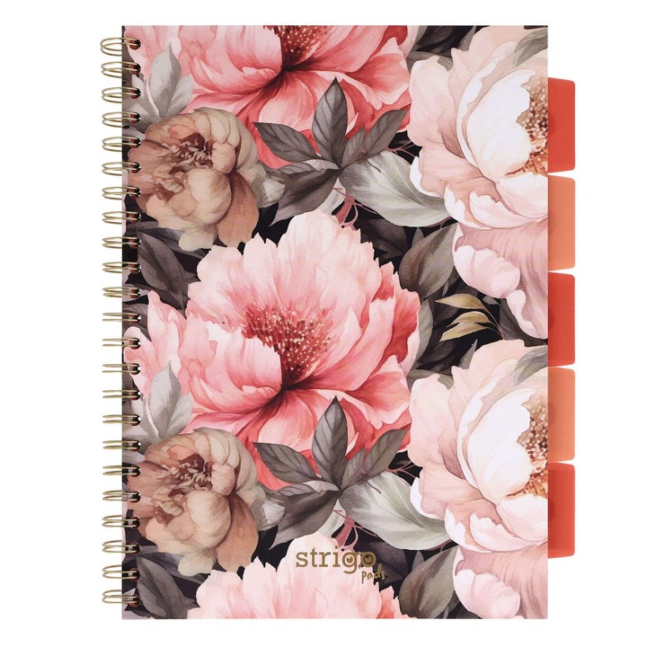 Caiet cu spirala si separatoare, STRIGO PADS Project Book Flori A4, matematica, 200 pag., hartie 80gr FSC, coperti cartonate, roz floral
