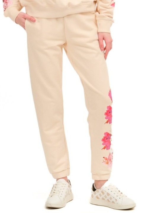 Pantaloni Guess pentru femei, material bumbac, culoare bej, Bej