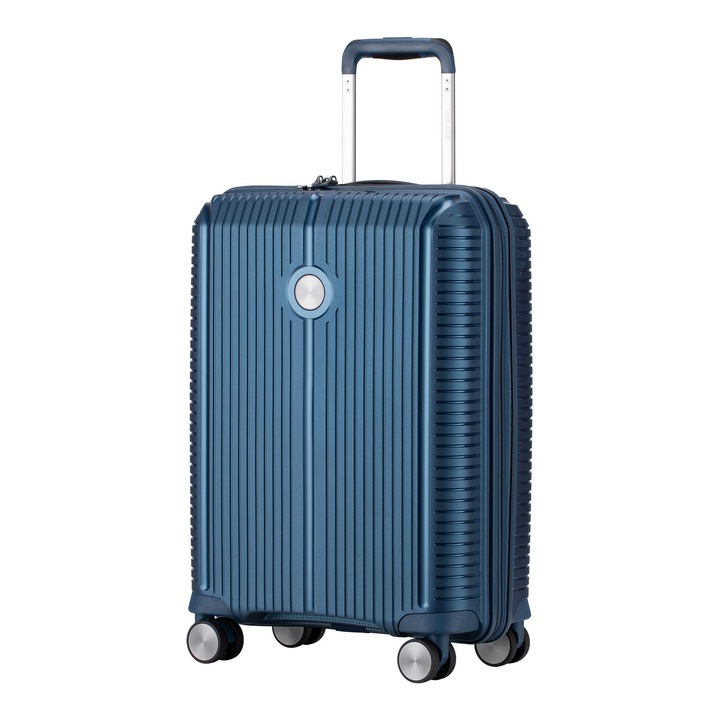Troler de cabina extensibil Verage Rome, bagaj de mana, 55x38x20 cm, +20% capacitate, fermoar antifurt, polipropilena, cifru TSA, 4 roti 360°, albastru