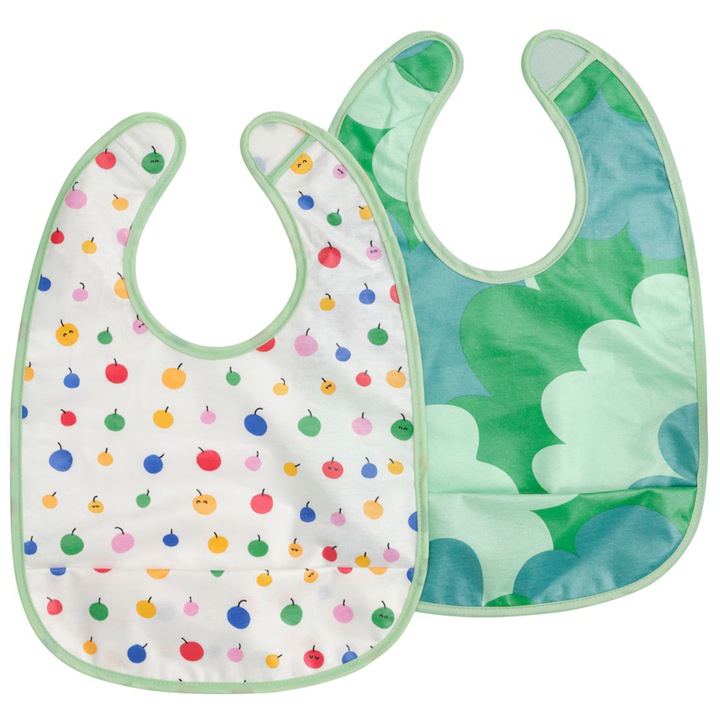 Set 2 x Bavete din bumbac, rezistanta si absorbanta, cu buzunar colector in fata si prindere la spate cu arici, pentru hranire / diversificare Copii, 6-18 luni, multicolor