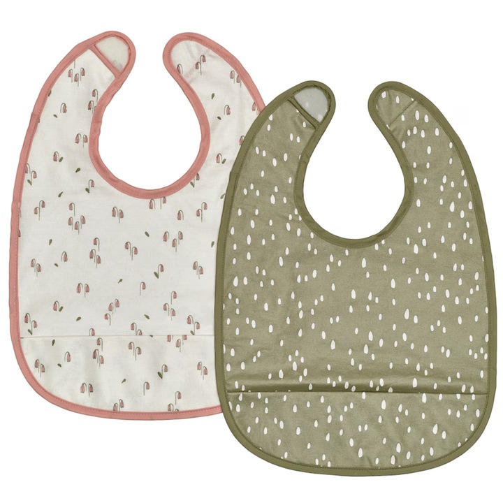 Set 2 x Bavete din bumbac, rezistanta si absorbanta, cu buzunar colector in fata si prindere la spate cu arici, pentru hranire / diversificare Copii, 6-18 luni, Kaki-Alb