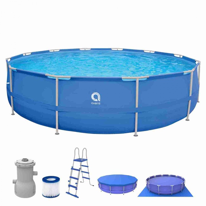 Комплект басейн Jilong avenli, Кръгъл преносим, 450 см x 122 см, Филтърна помпа, Постелка за басейн, Разгънато покривало за басейн, Стълба, 15233 литра, Здрава стоманена рамка
