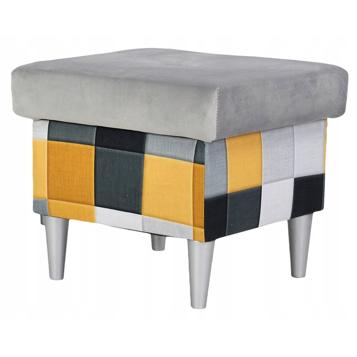 Székek, Ari Modell, Family Meble, Lábtartó Rekesszel, 50x50x45 cm, Bársony/Szarvasbőr/Fa, Szürke/Sárga